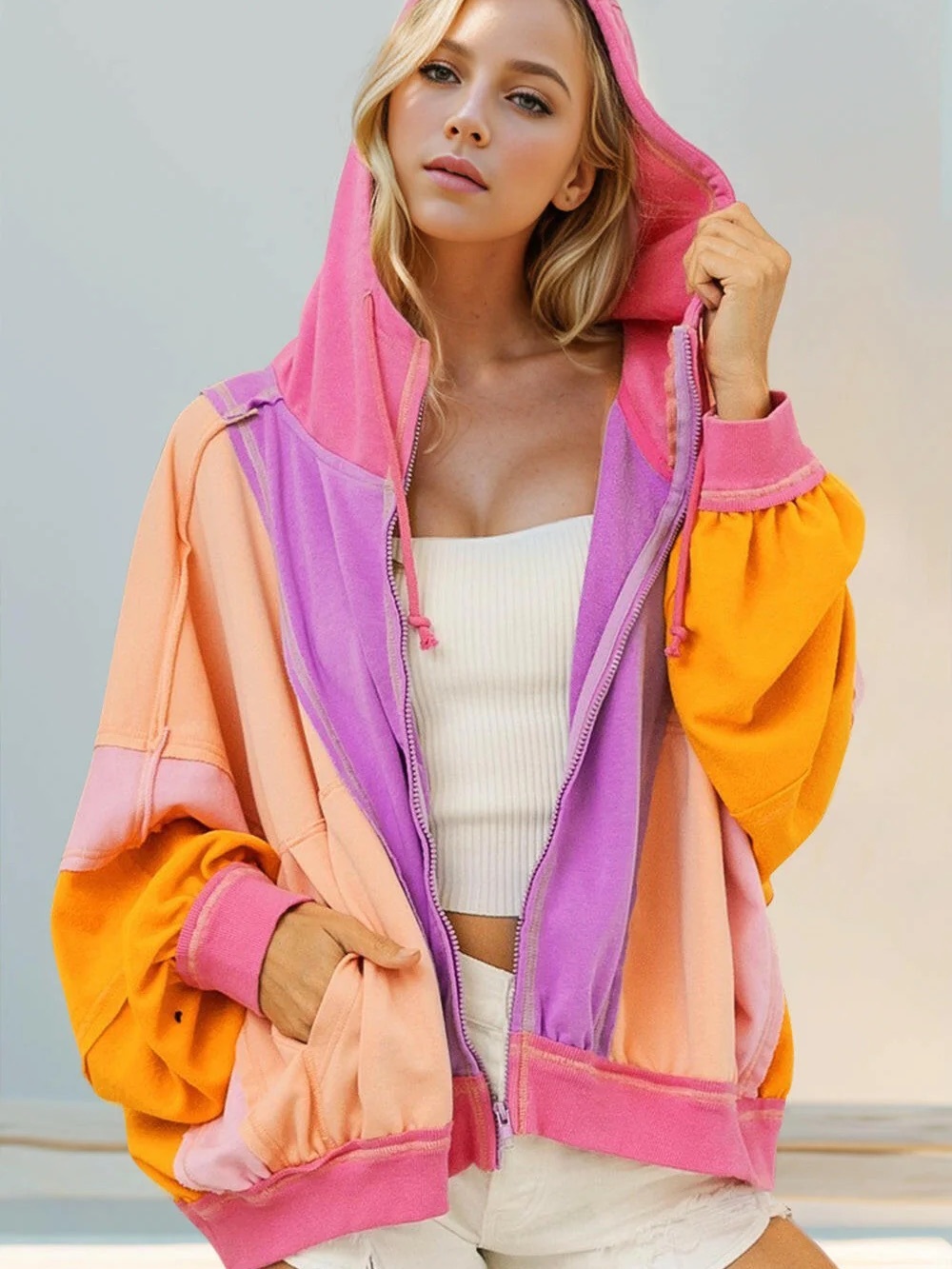 Better Off Color Block Zip Up Hoodie  - Heliotrope Purple, Pink, Orange